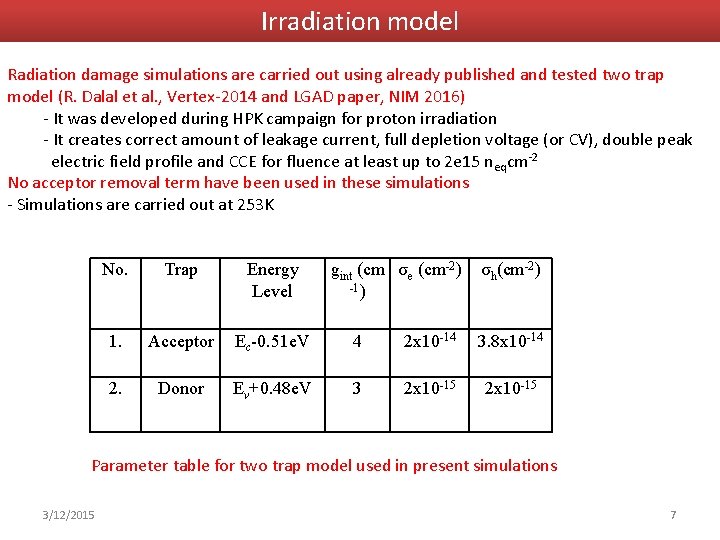 Irradiation model Radiation damage simulations are carried out using already published and tested two