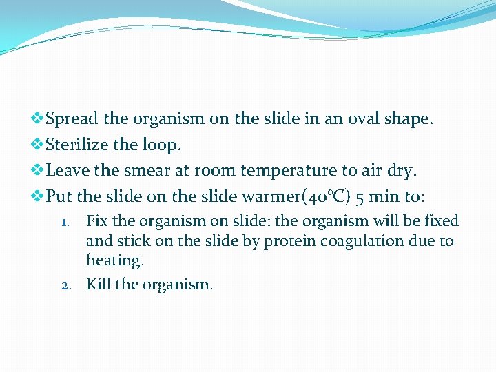 v. Spread the organism on the slide in an oval shape. v. Sterilize the