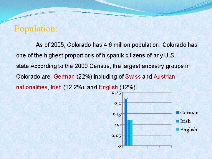 Population: As of 2005, Colorado has 4. 6 million population. Colorado has one of