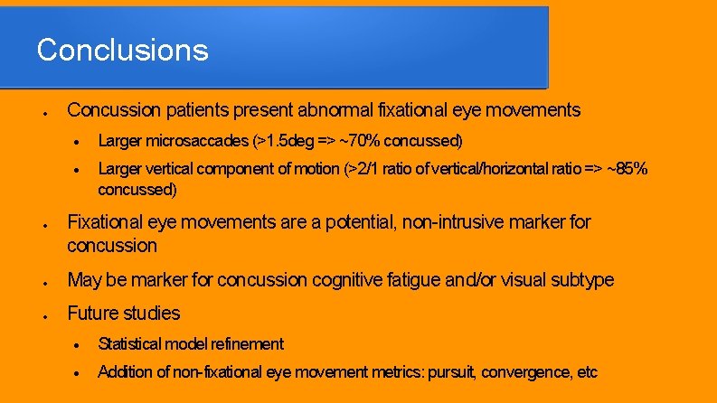Conclusions · · Concussion patients present abnormal fixational eye movements · Larger microsaccades (>1.