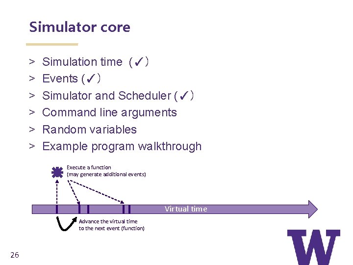 Simulator core > > > Simulation time (✓) Events (✓) Simulator and Scheduler (✓)