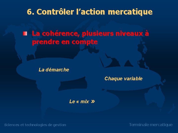 6. Contrôler l’action mercatique La cohérence, plusieurs niveaux à prendre en compte La démarche