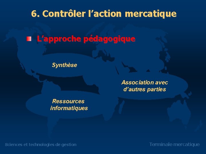 6. Contrôler l’action mercatique L’approche pédagogique Synthèse Association avec d’autres parties Ressources informatiques Sciences