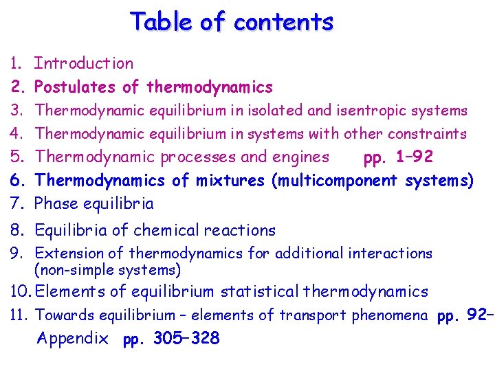 Table of contents 1. Introduction 2. Postulates of thermodynamics 3. Thermodynamic equilibrium in isolated