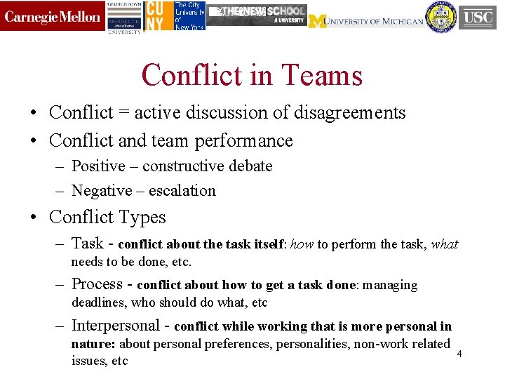 Conflict in Teams • Conflict = active discussion of disagreements • Conflict and team