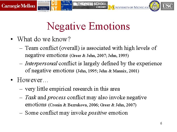 Negative Emotions • What do we know? – Team conflict (overall) is associated with