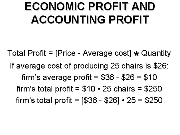 ECONOMIC PROFIT AND ACCOUNTING PROFIT Total Profit = [Price - Average cost] * Quantity