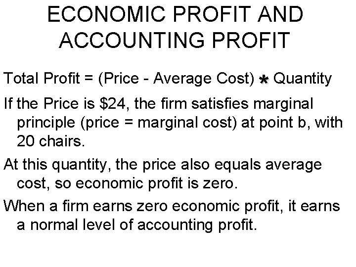 ECONOMIC PROFIT AND ACCOUNTING PROFIT Total Profit = (Price - Average Cost) * Quantity