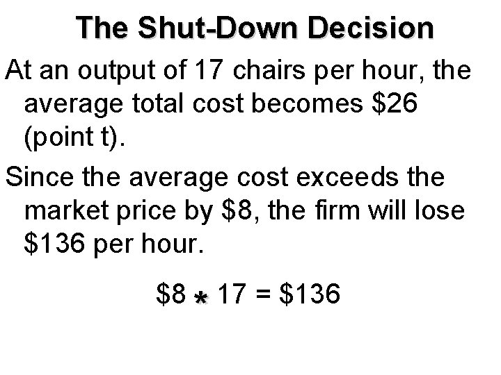 The Shut-Down Decision At an output of 17 chairs per hour, the average total