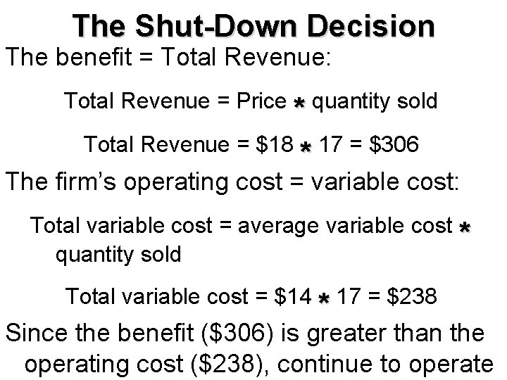 The Shut-Down Decision The benefit = Total Revenue: Total Revenue = Price quantity sold