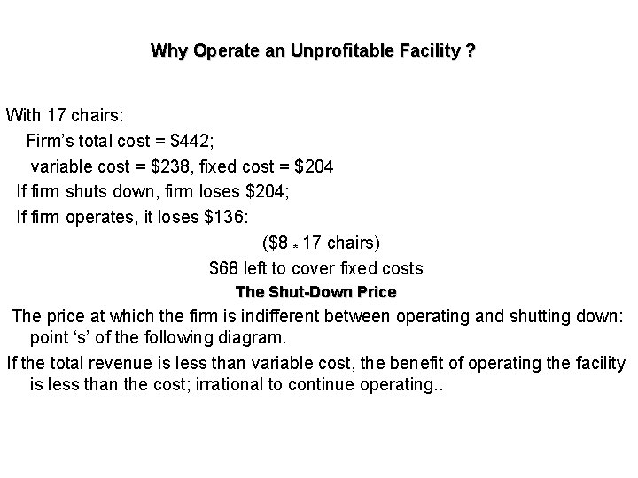 Why Operate an Unprofitable Facility ? With 17 chairs: Firm’s total cost = $442;