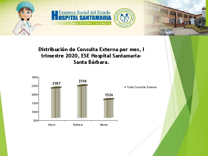 Distribución de Consulta Externa por mes, I trimestre 2020, ESE Hospital Santamaria. Santa Bárbara.