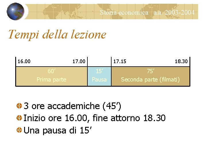 Storia economica a. a. 2003 -2004 Tempi della lezione 16. 00 17. 00 60’