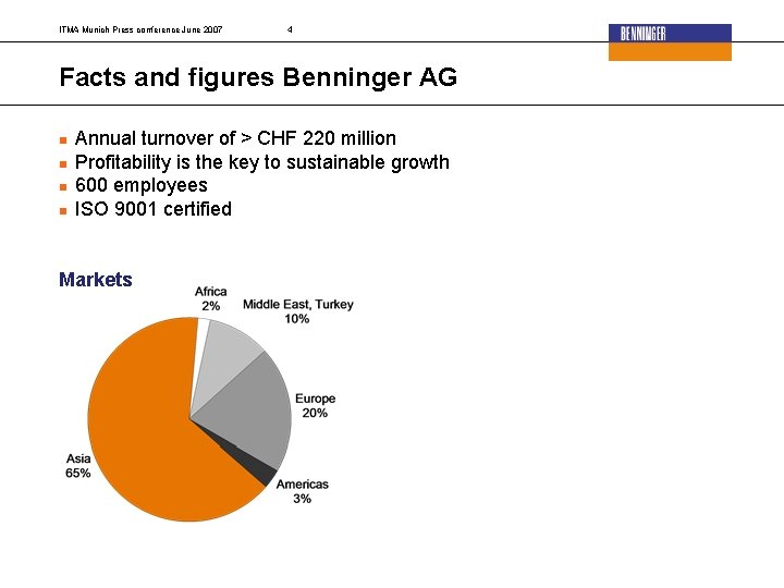 ITMA Munich Press conference June 2007 4 Facts and figures Benninger AG Annual turnover