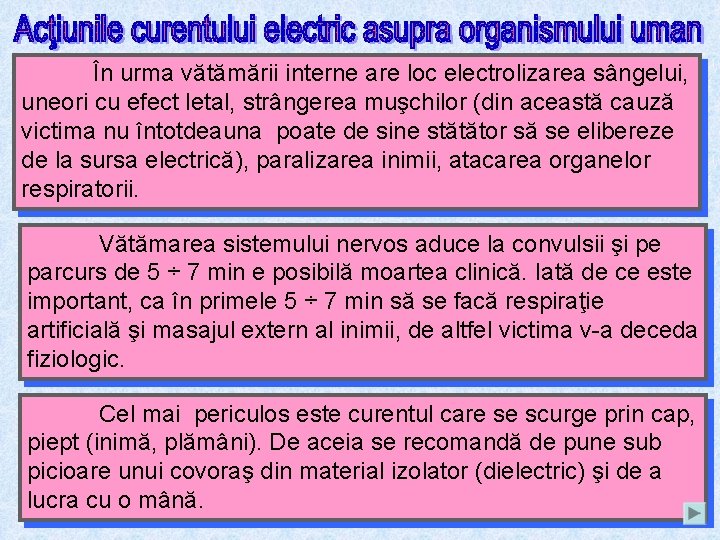 În urma vătămării interne are loc electrolizarea sângelui, uneori cu efect letal, strângerea muşchilor