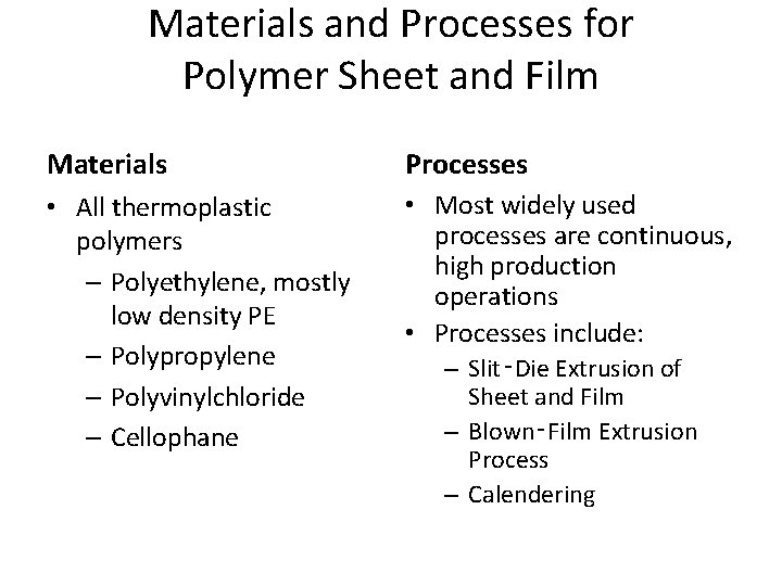 Materials and Processes for Polymer Sheet and Film Materials Processes • All thermoplastic polymers