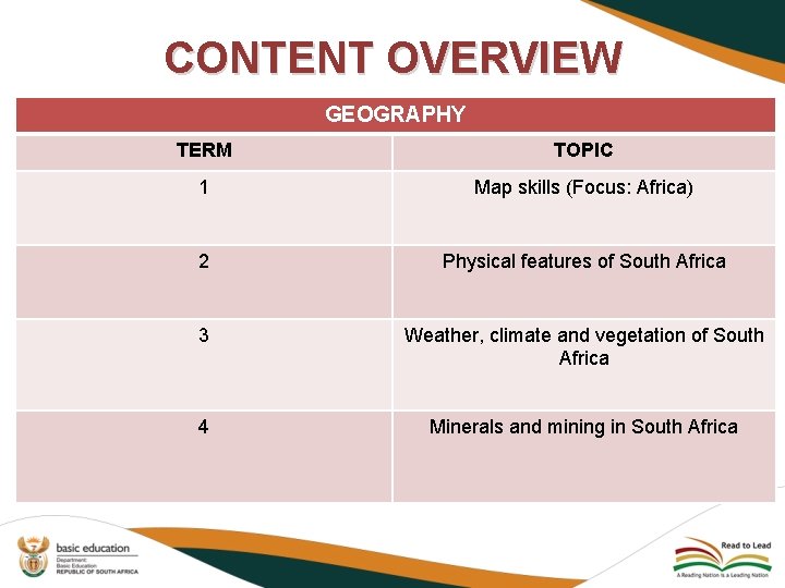 CONTENT OVERVIEW GEOGRAPHY TERM TOPIC 1 Map skills (Focus: Africa) 2 Physical features of