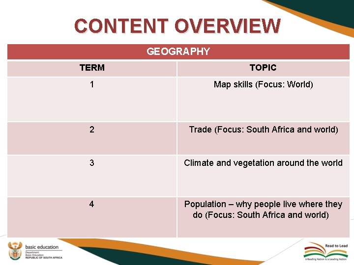 CONTENT OVERVIEW GEOGRAPHY TERM TOPIC 1 Map skills (Focus: World) 2 Trade (Focus: South