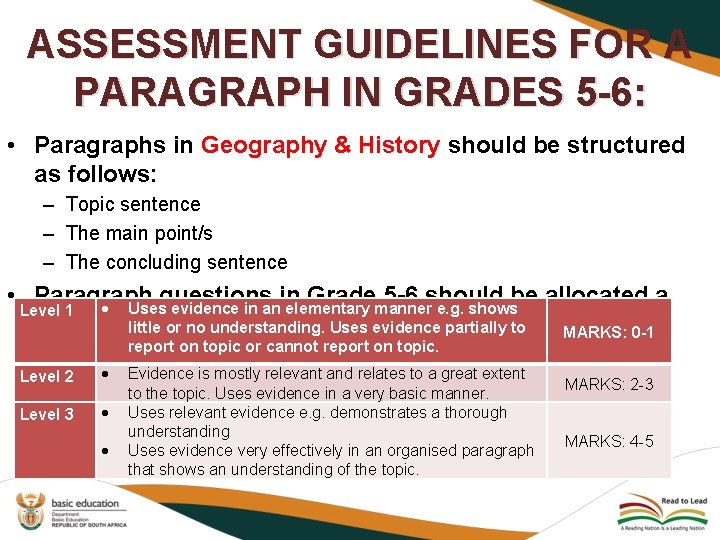 ASSESSMENT GUIDELINES FOR A PARAGRAPH IN GRADES 5 -6: • Paragraphs in Geography &