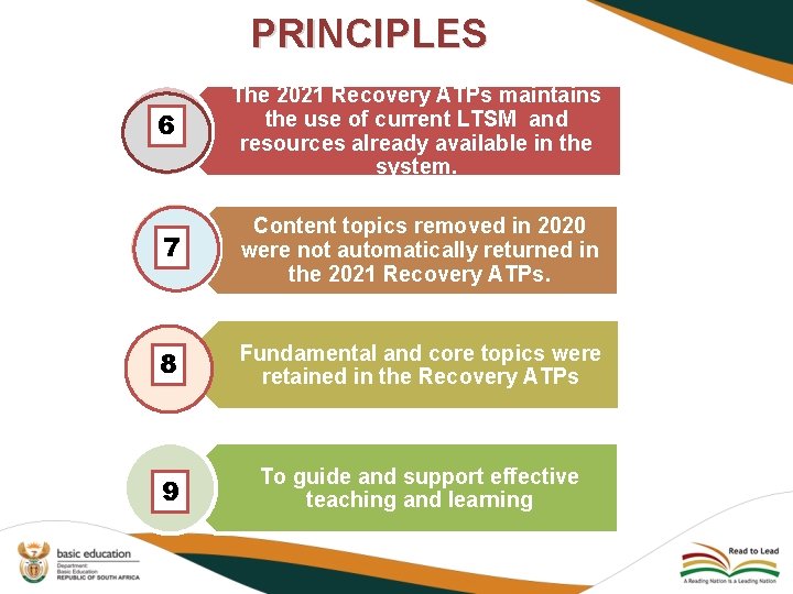 PRINCIPLES 6 The 2021 Recovery ATPs maintains the use of current LTSM and resources