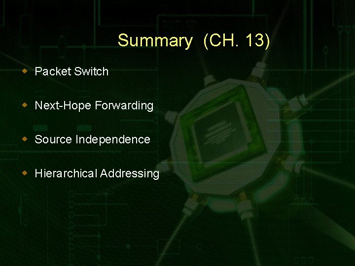 Summary (CH. 13) w Packet Switch w Next-Hope Forwarding w Source Independence w Hierarchical