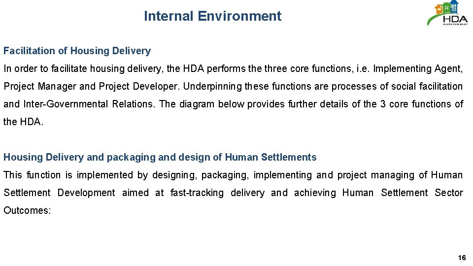 Internal Environment Facilitation of Housing Delivery In order to facilitate housing delivery, the HDA