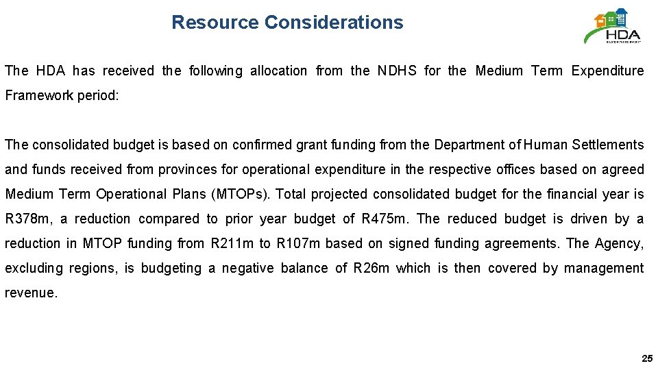 Resource Considerations The HDA has received the following allocation from the NDHS for the