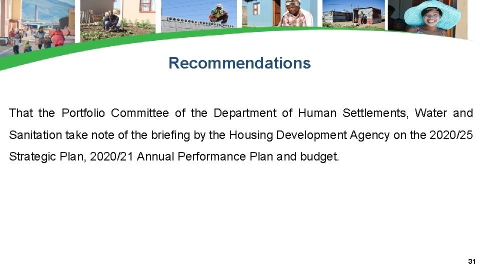 Recommendations That the Portfolio Committee of the Department of Human Settlements, Water and Sanitation