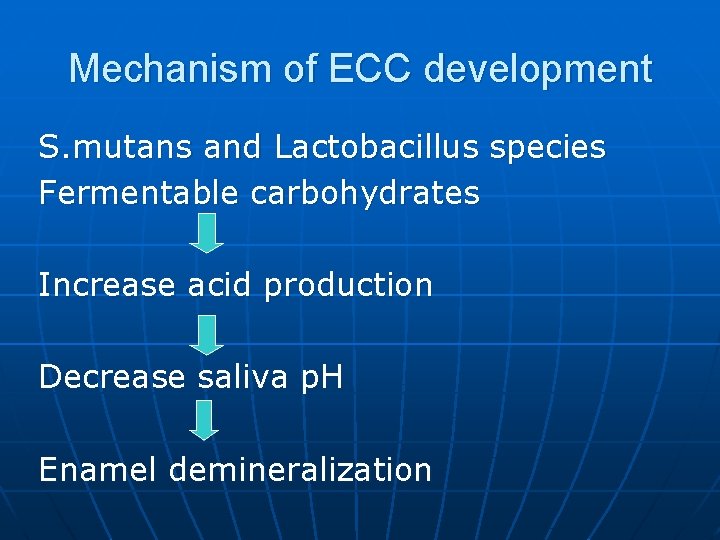 Mechanism of ECC development S. mutans and Lactobacillus species Fermentable carbohydrates Increase acid production