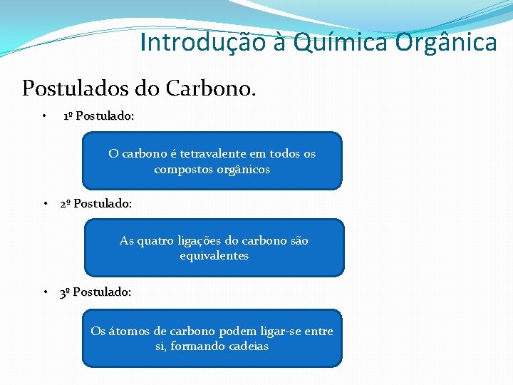 Introdução à Química Orgânica Postulados do Carbono. • 1º Postulado: O carbono é tetravalente