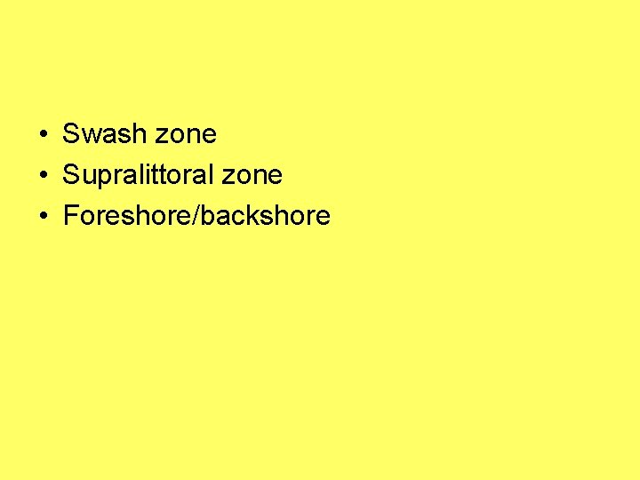  • Swash zone • Supralittoral zone • Foreshore/backshore 