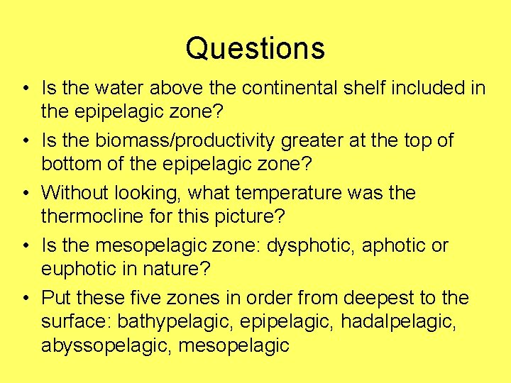 Questions • Is the water above the continental shelf included in the epipelagic zone?