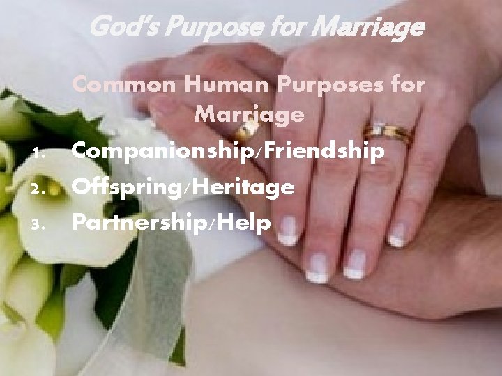 God’s Purpose for Marriage Common Human Purposes for Marriage 1. Companionship/Friendship 2. Offspring/Heritage 3.