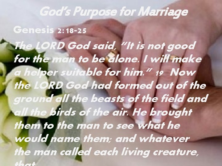 God’s Purpose for Marriage Genesis 2: 18 -25 The LORD God said, “It is