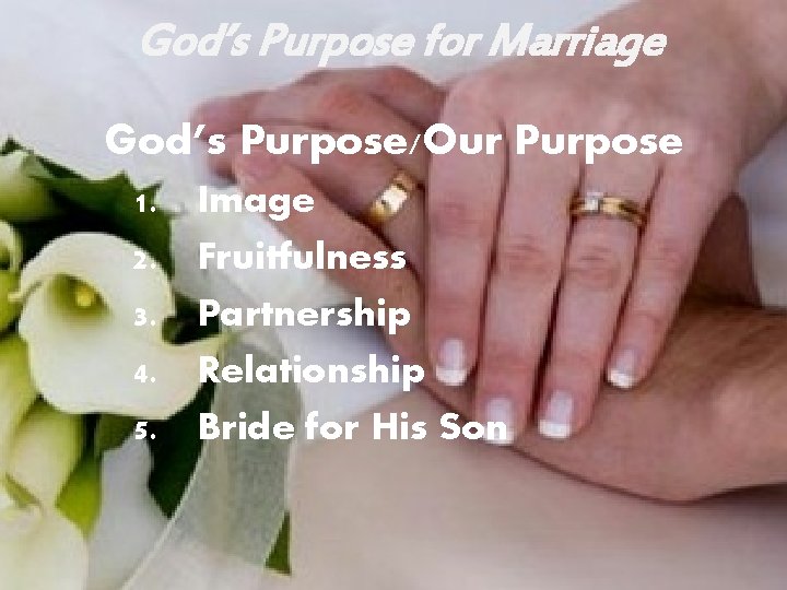 God’s Purpose for Marriage God’s Purpose/Our Purpose 1. 2. 3. 4. 5. Image Fruitfulness