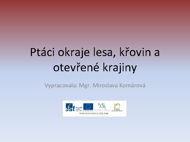 Ptáci okraje lesa, křovin a otevřené krajiny Vypracovala: Mgr. Miroslava Komárová 