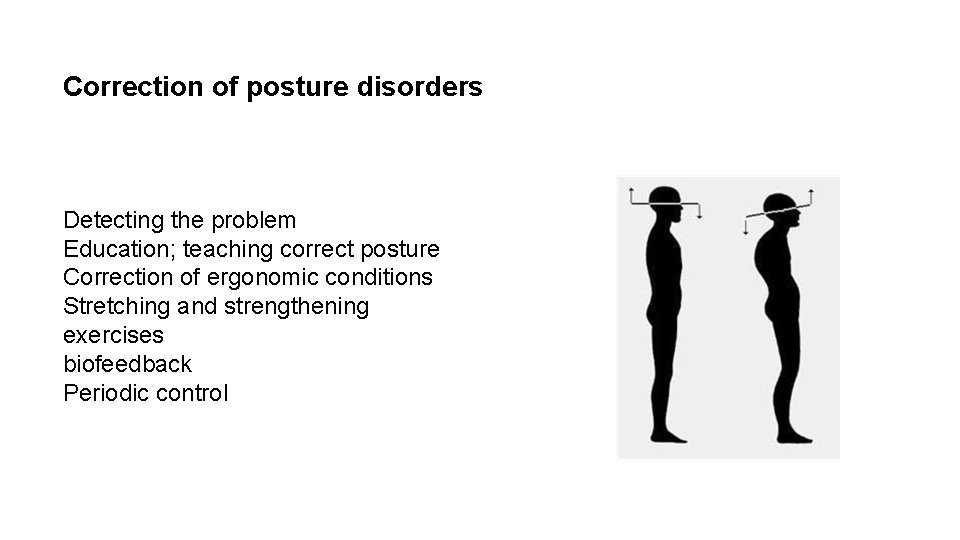 Correction of posture disorders Detecting the problem Education; teaching correct posture Correction of ergonomic