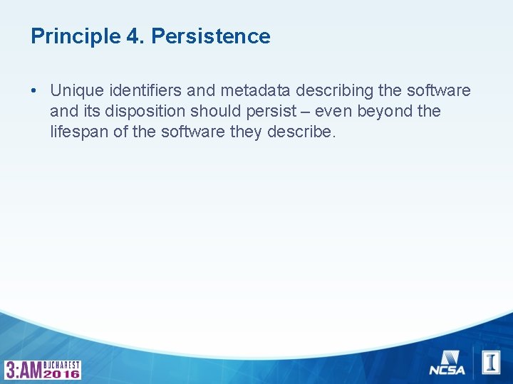 Principle 4. Persistence • Unique identifiers and metadata describing the software and its disposition