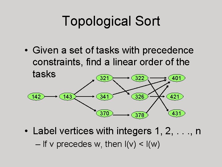 Topological Sort • Given a set of tasks with precedence constraints, find a linear