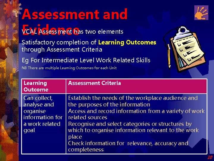 Assessment and VCAL Assessment has two elements Evidence Satisfactory completion of Learning Outcomes through