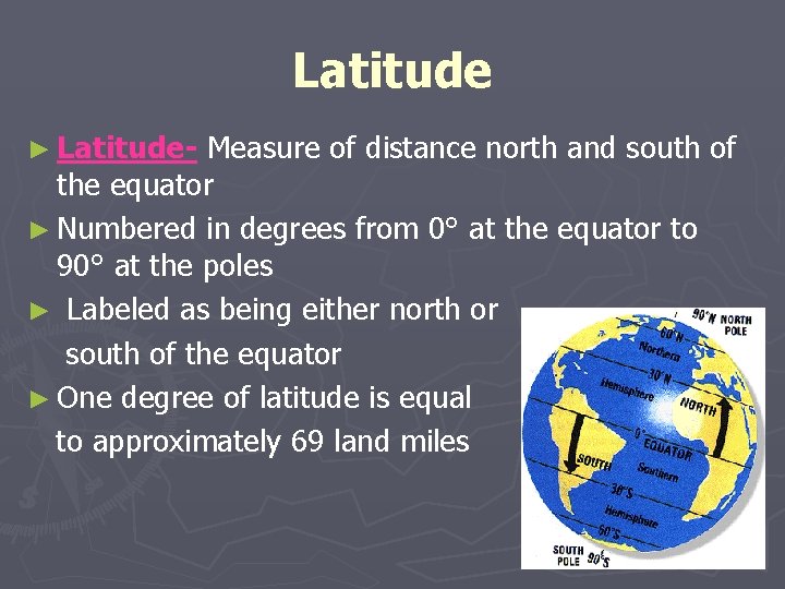 Latitude ► Latitude- Measure of distance north and south of the equator ► Numbered Latitude ► Latitude- Measure of distance north and south of the equator ► Numbered