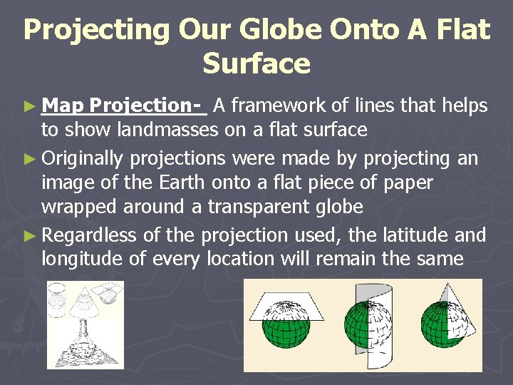 Projecting Our Globe Onto A Flat Surface ► Map Projection- A framework of lines Projecting Our Globe Onto A Flat Surface ► Map Projection- A framework of lines