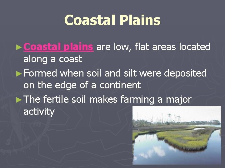 Coastal Plains ► Coastal plains are low, flat areas located along a coast ► Coastal Plains ► Coastal plains are low, flat areas located along a coast ►