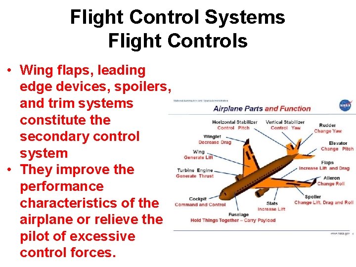 Flight Control Systems Flight Controls • Wing flaps, leading edge devices, spoilers, and trim Flight Control Systems Flight Controls • Wing flaps, leading edge devices, spoilers, and trim