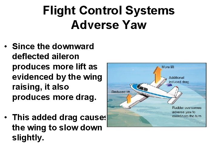 Flight Control Systems Adverse Yaw • Since the downward deflected aileron produces more lift Flight Control Systems Adverse Yaw • Since the downward deflected aileron produces more lift