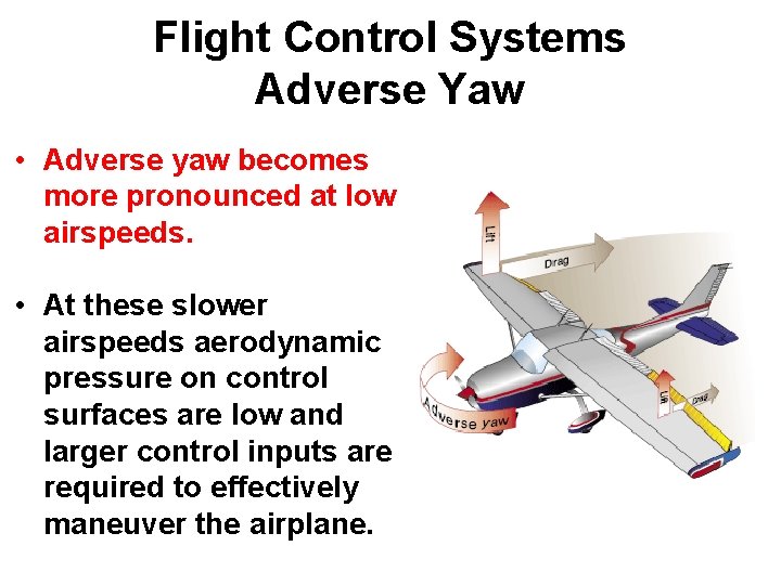Flight Control Systems Adverse Yaw • Adverse yaw becomes more pronounced at low airspeeds. Flight Control Systems Adverse Yaw • Adverse yaw becomes more pronounced at low airspeeds.