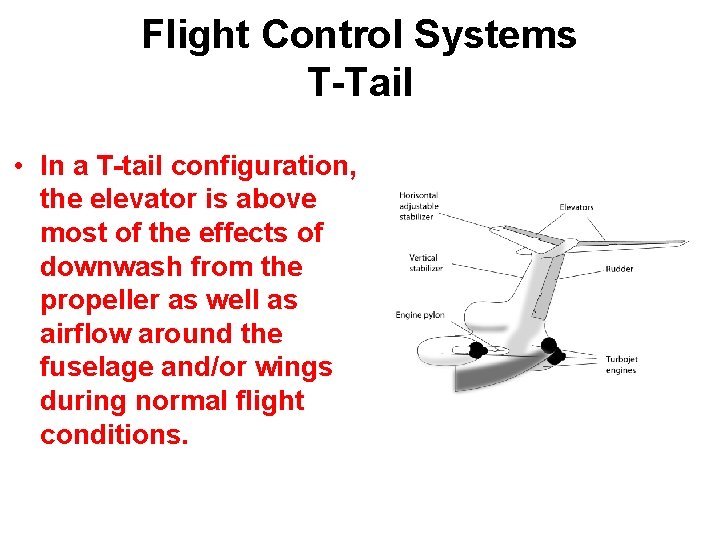 Flight Control Systems T-Tail • In a T-tail configuration, the elevator is above most Flight Control Systems T-Tail • In a T-tail configuration, the elevator is above most