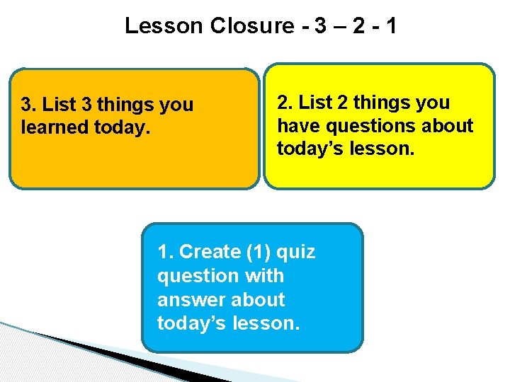 Lesson Closure - 3 – 2 - 1 3. List 3 things you learned Lesson Closure - 3 – 2 - 1 3. List 3 things you learned