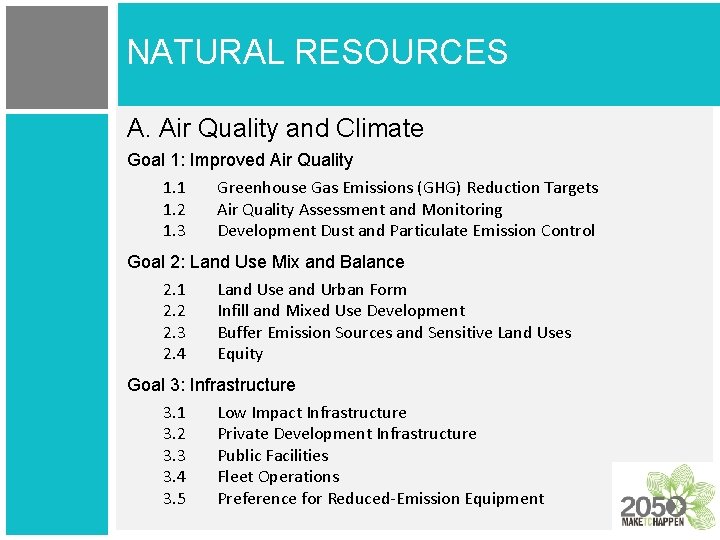 NATURAL RESOURCES A. Air Quality and Climate Goal 1: Improved Air Quality 1. 1