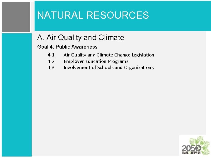 NATURAL RESOURCES A. Air Quality and Climate Goal 4: Public Awareness 4. 1 Air